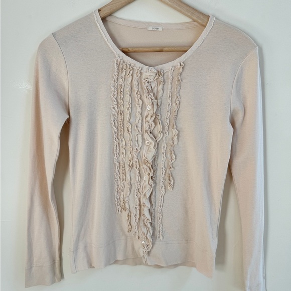 J Crew Light Beige Long Sleeve Ruffle Front Sequin Button Up Women Sz S Cardigan - Picture 3 of 14